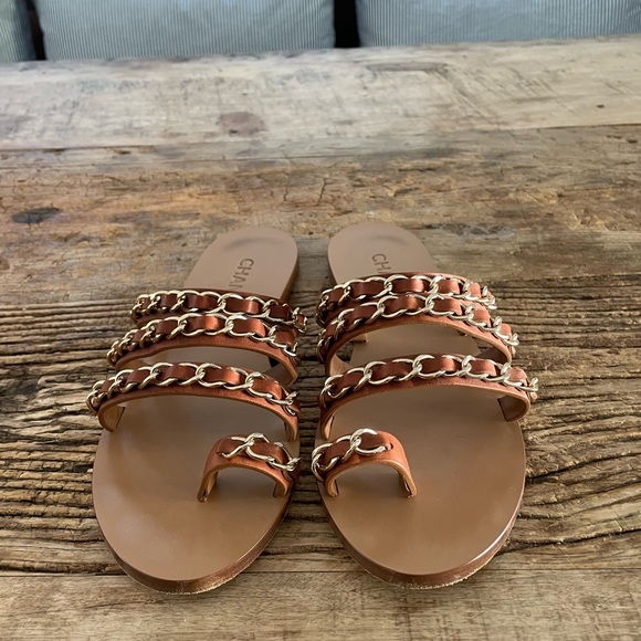 CHANEL LEATHER CHAIN TOE RING SANDALS - Picture 2 of 5